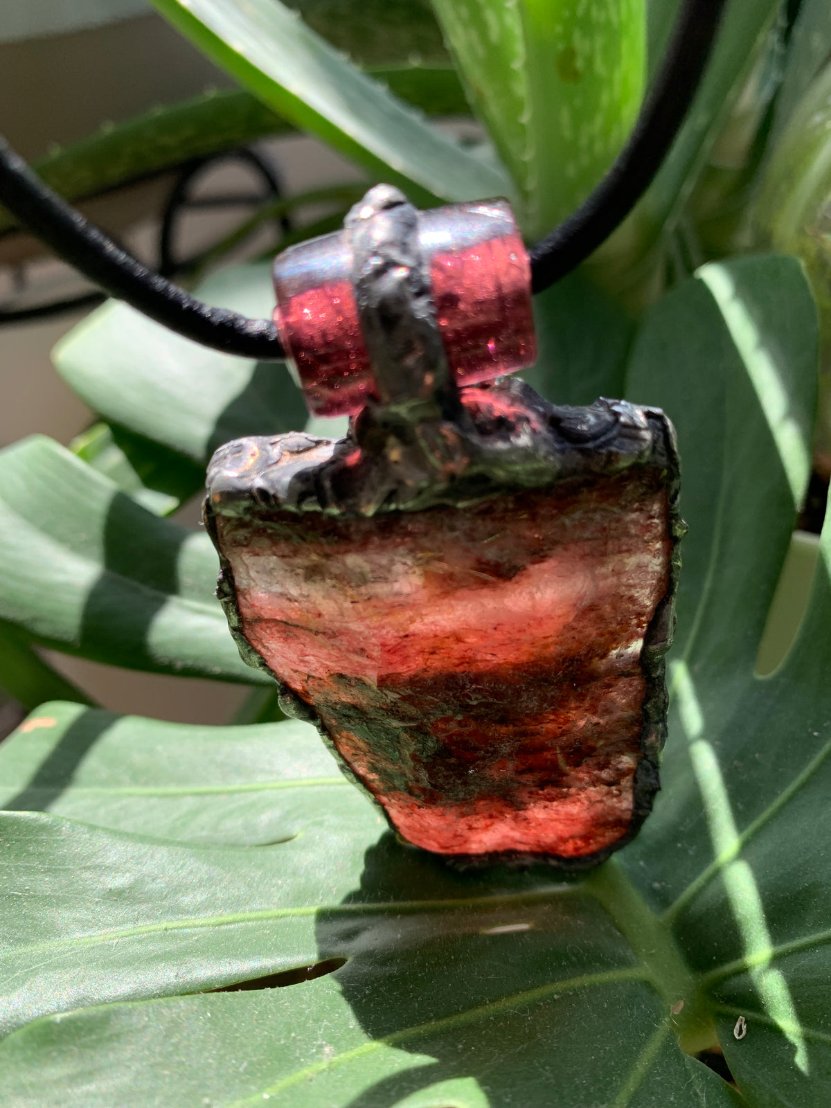 One of a Kind Strawberry Quartz Patinated Brutalist Pendant on Leather Adjustable Slip-tie Necklace