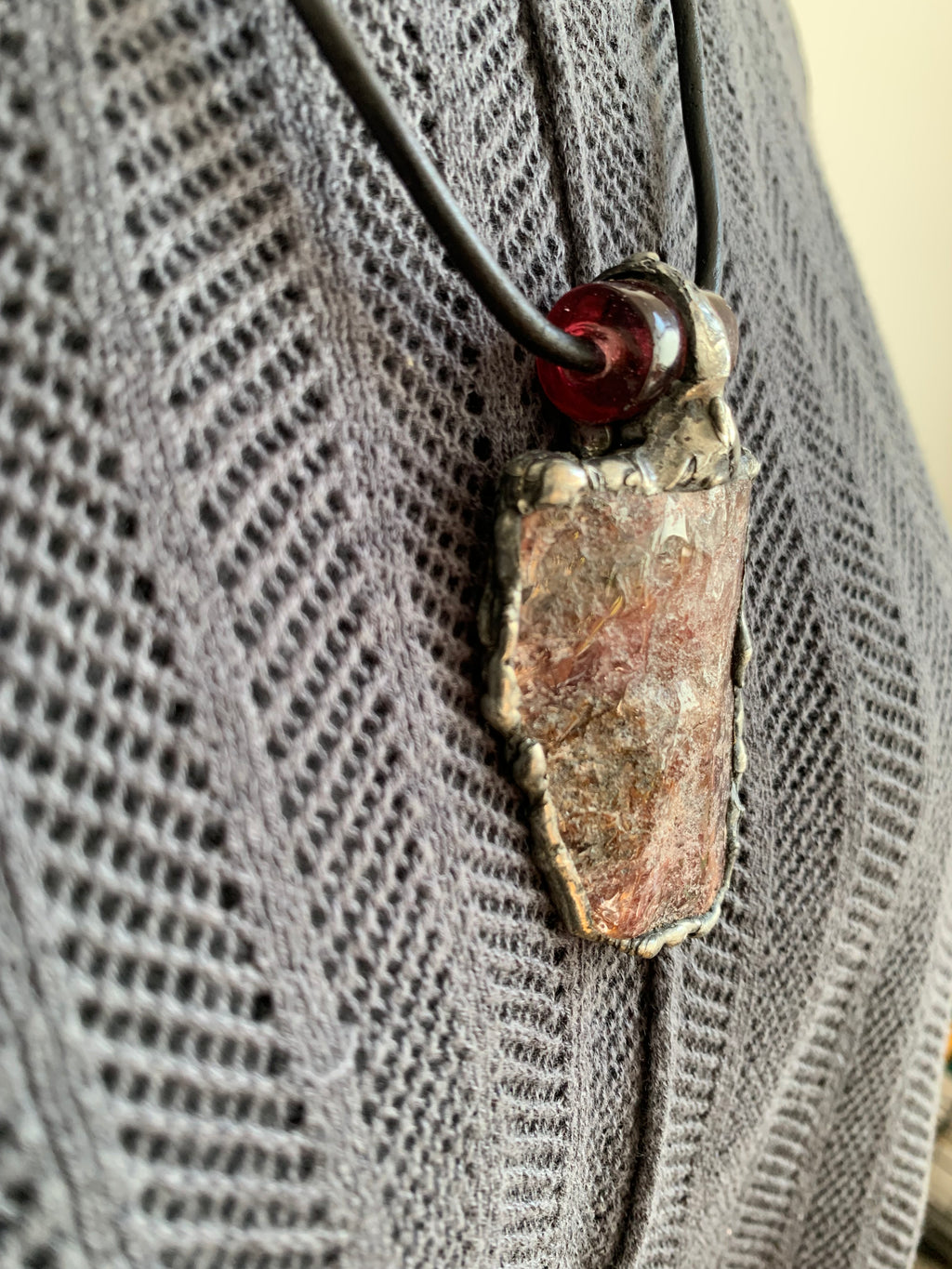 One of a Kind Strawberry Quartz Patinated Brutalist Pendant on Leather Adjustable Slip-tie Necklace
