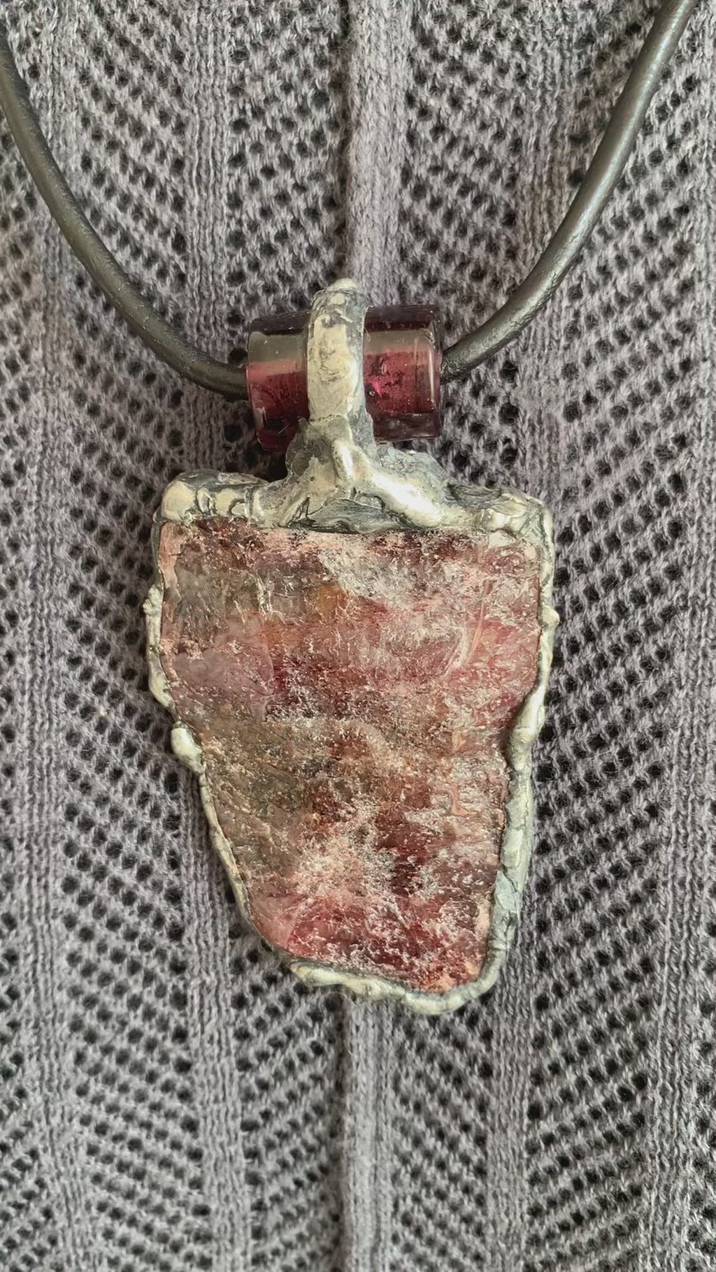 One of a Kind Strawberry Quartz Patinated Brutalist Pendant on Leather Adjustable Slip-tie Necklace