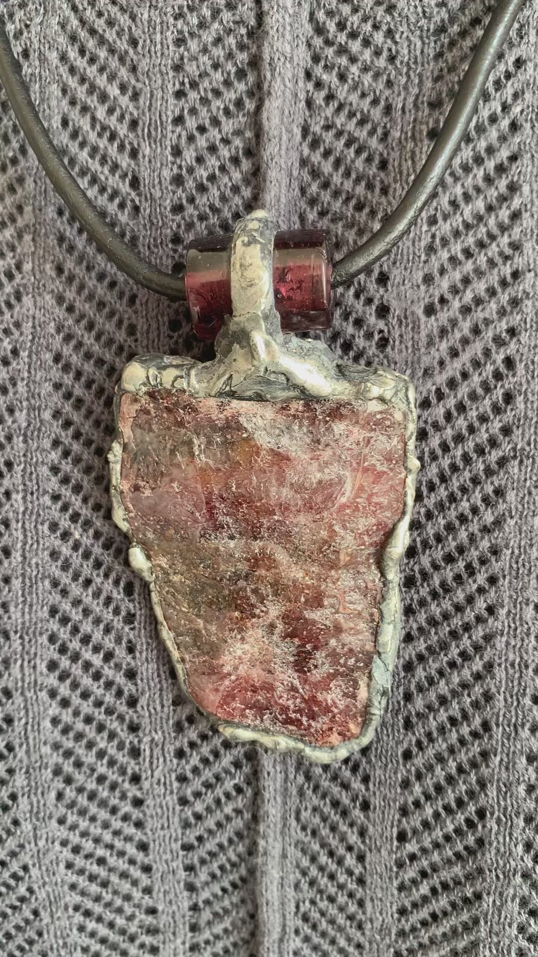 One of a Kind Strawberry Quartz Patinated Brutalist Pendant on Leather Adjustable Slip-tie Necklace